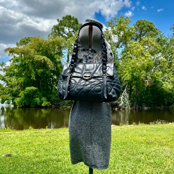 Stuart Weitzman Collection Black Leather Double Strap Turnlock Flap Shoulder Bag - Picture 2 of 16